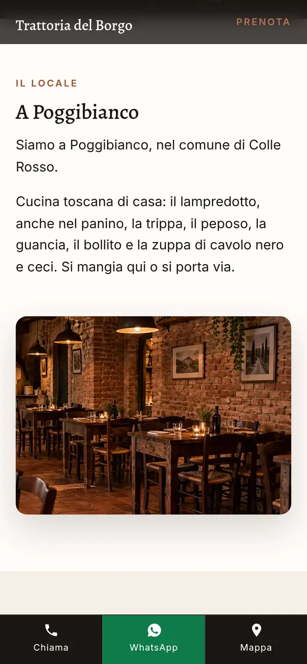 Esempio dal telefono: presentazione di una trattoria toscana, con la foto della sala
