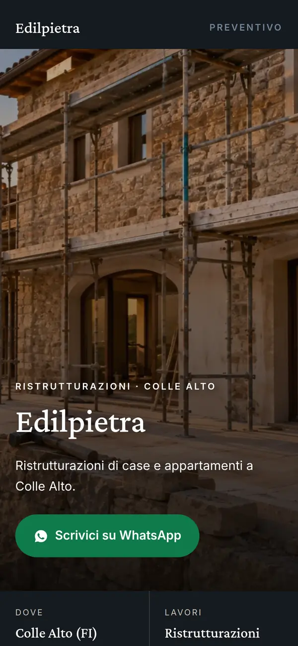 Esempio dal telefono: prima schermata del sito di un'impresa edile, con una casa in pietra in ristrutturazione