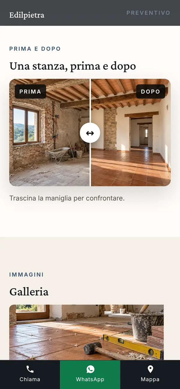 Esempio dal telefono: impresa edile, foto di una stanza prima e dopo i lavori con la maniglia per confrontarle