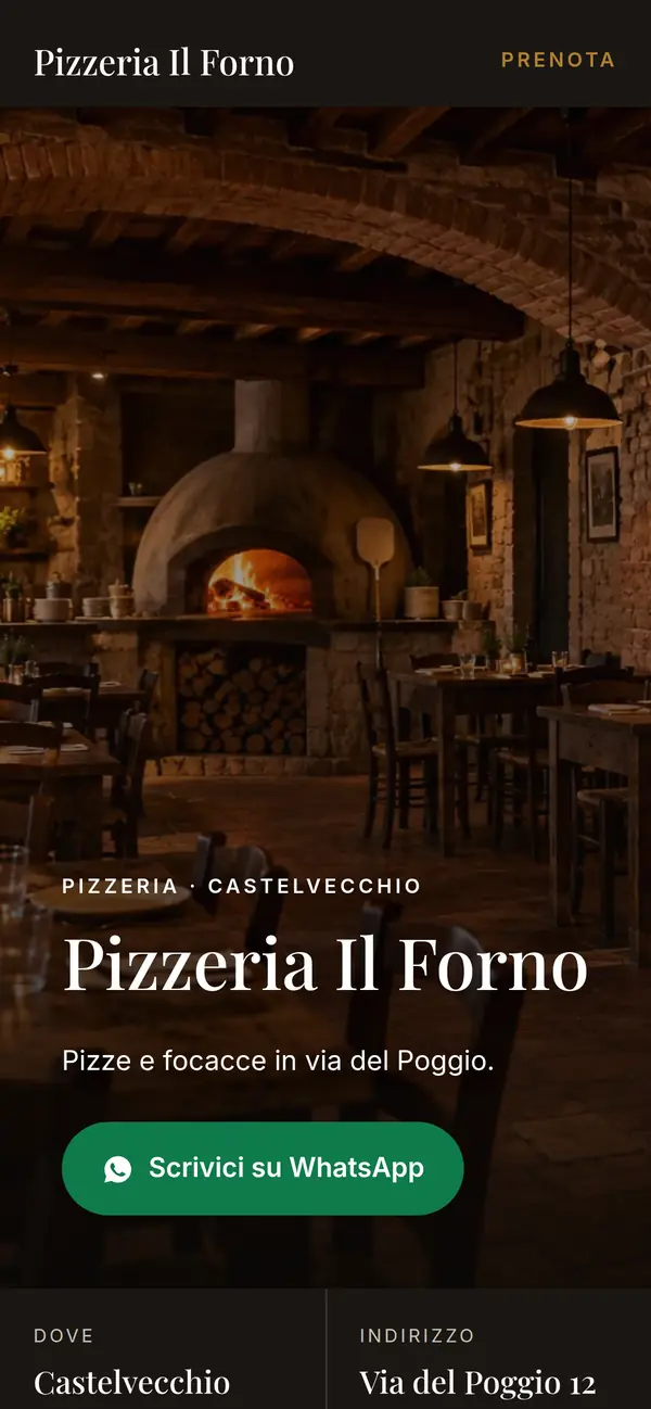 Esempio dal telefono: prima schermata del sito di una pizzeria, con il forno a legna e il tasto WhatsApp