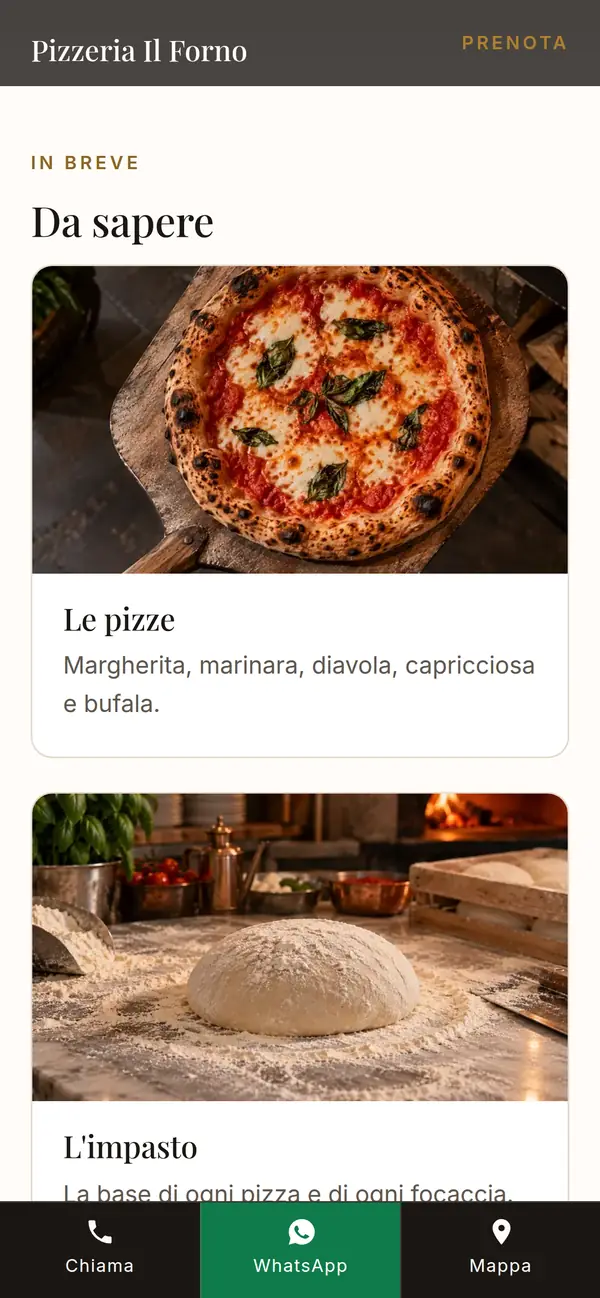 Esempio dal telefono: sezione di una pizzeria con la foto di una margherita e le informazioni utili
