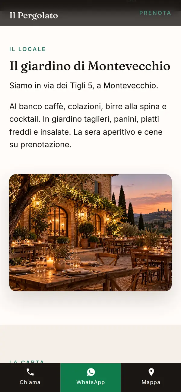Esempio dal telefono: bar con giardino, con la foto dei tavoli all'aperto al tramonto