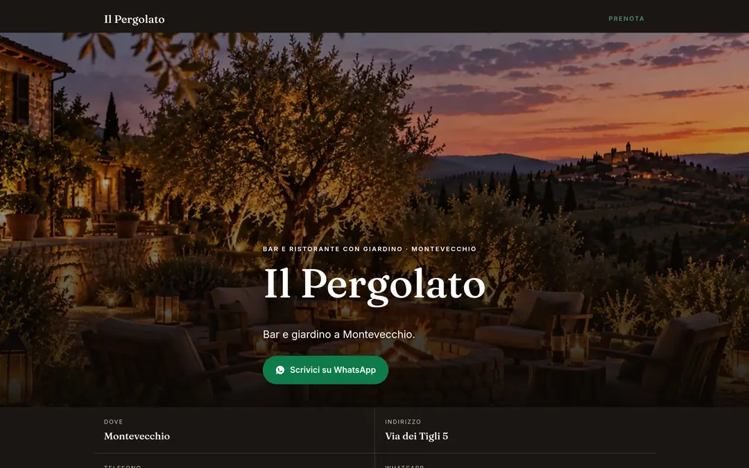 Esempio dal computer: prima schermata del sito di un bar con giardino tra gli ulivi, al tramonto
